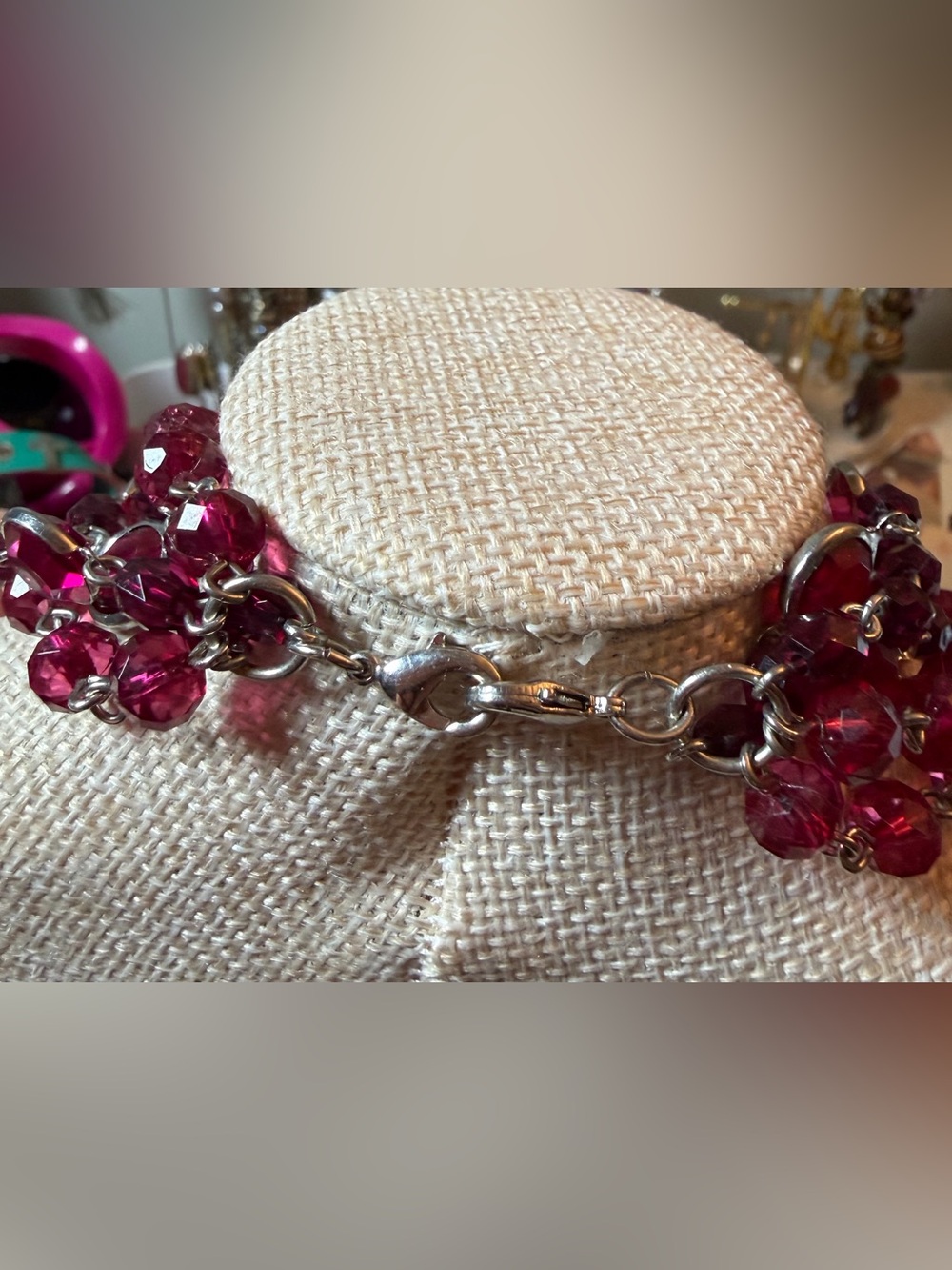 #791 Ruby Red 🌺 Multi Strand Beaded Statement Necklace 19” Silver Tone - Picture 5 of 7